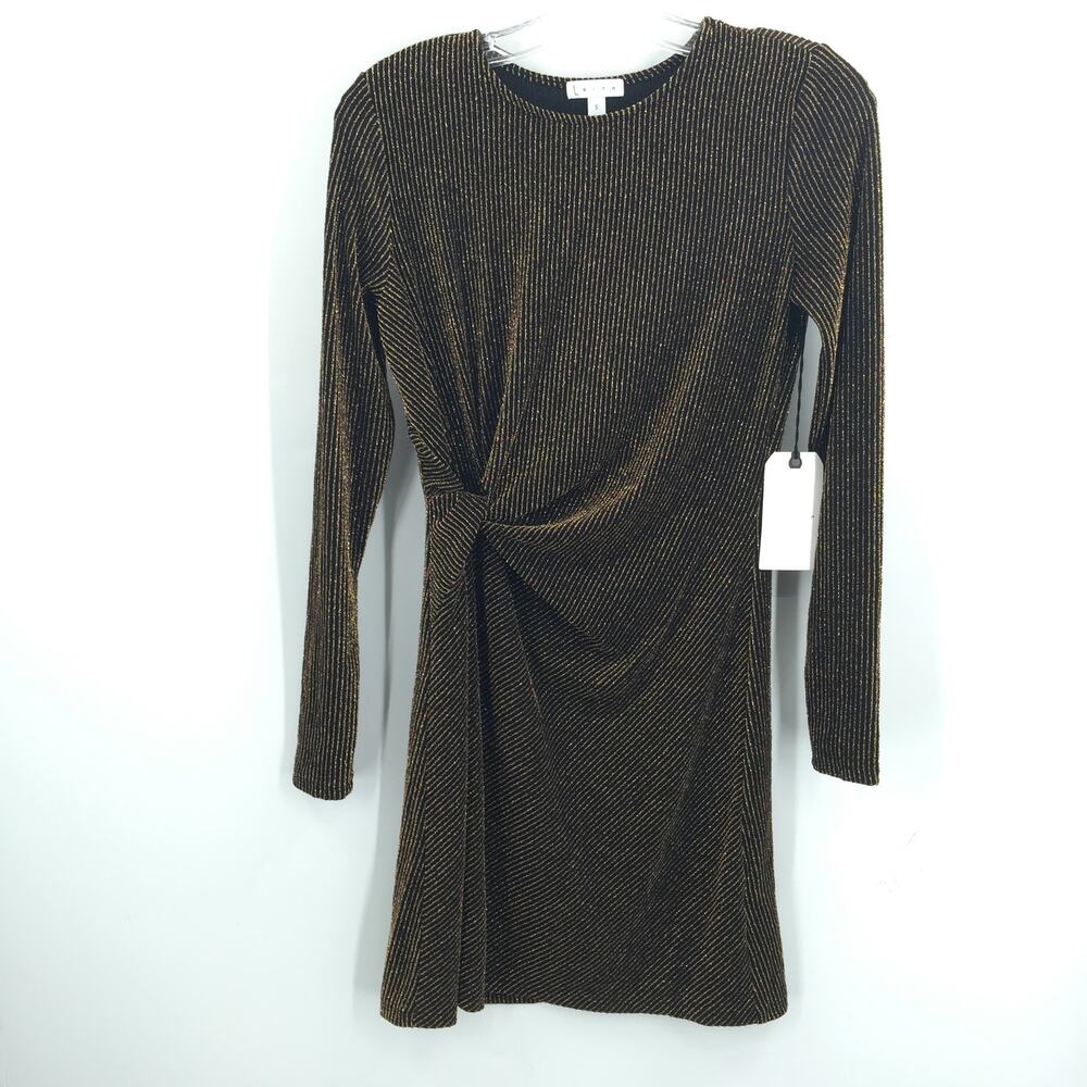 Leith Faux Wrap Mini Dress Long Sleeve Striped Black Metallic Gold Small SPARKLE